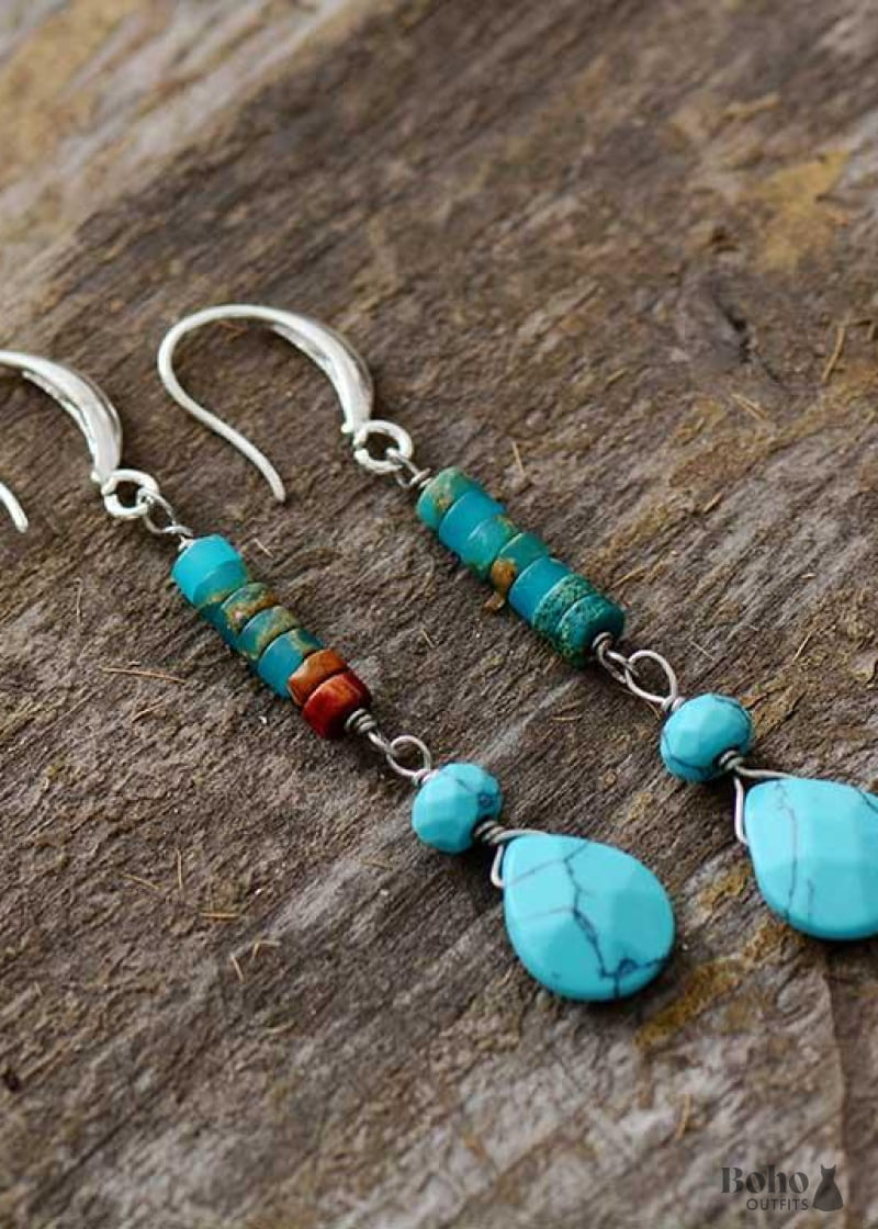 Boho Earrings Dangle Natural Blue and Pink Stones - Jewelry