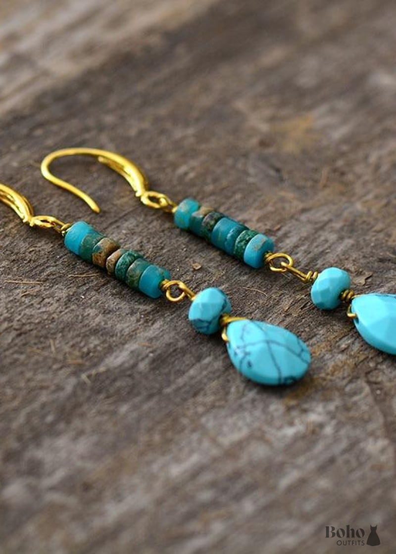 Boho Earrings Dangle Natural Blue and Pink Stones - Jewelry