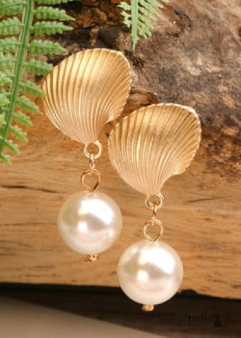 Boho Earrings Dangle Natural Shell Cowrie White Gold - 1