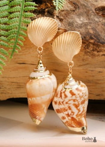 Boho Earrings Dangle Natural Shell Cowrie White Gold - 2