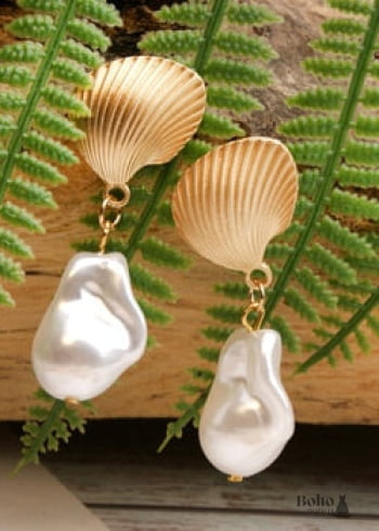 Boho Earrings Dangle Natural Shell Cowrie White Gold - 3