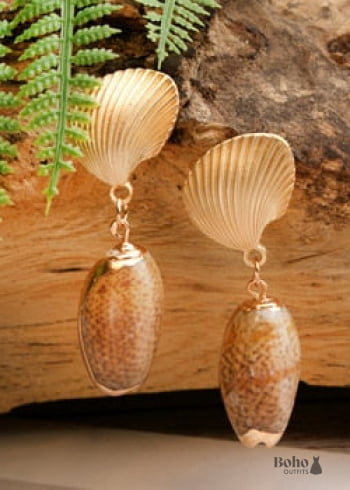 Boho Earrings Dangle Natural Shell Cowrie White Gold - 4