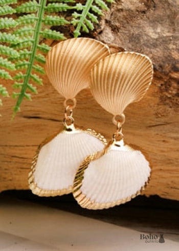 Boho Earrings Dangle Natural Shell Cowrie White Gold - 5