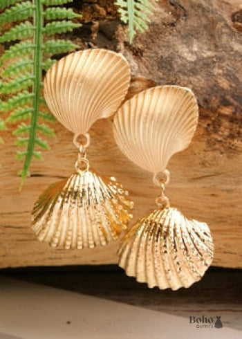 Boho Earrings Dangle Natural Shell Cowrie White Gold - 6