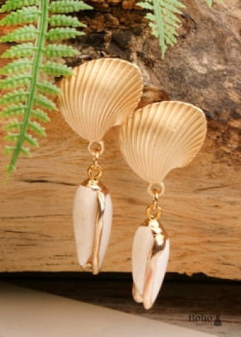 Boho Earrings Dangle Natural Shell Cowrie White Gold - 7