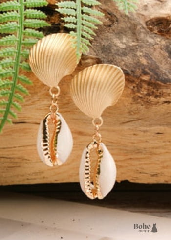 Boho Earrings Dangle Natural Shell Cowrie White Gold - 9