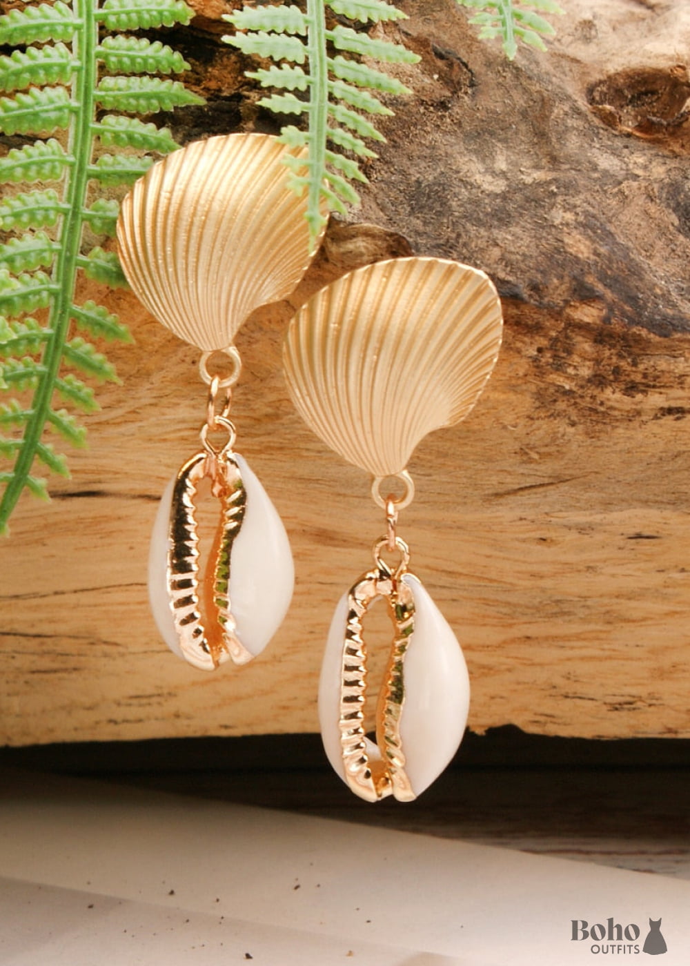 Boho Earrings Dangle Natural Shell Cowrie White Gold