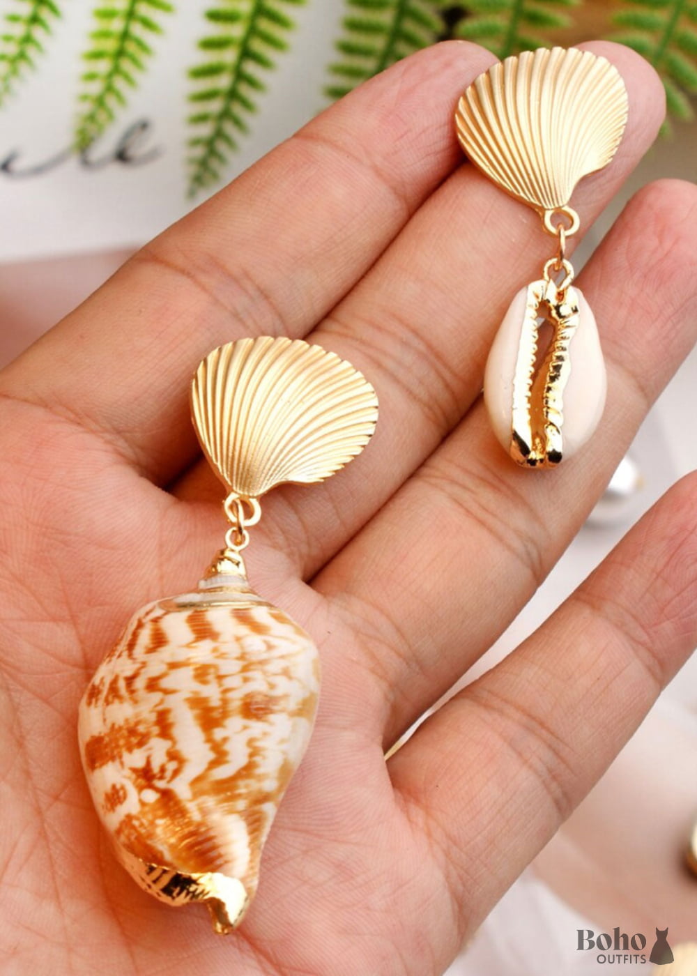 Boho Earrings Dangle Natural Shell Cowrie White Gold