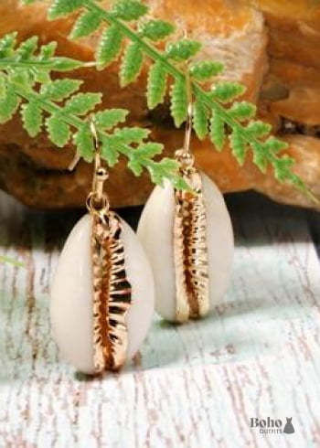 Boho Earrings Dangle Natural Shell with Gold - 1 - Jewelry