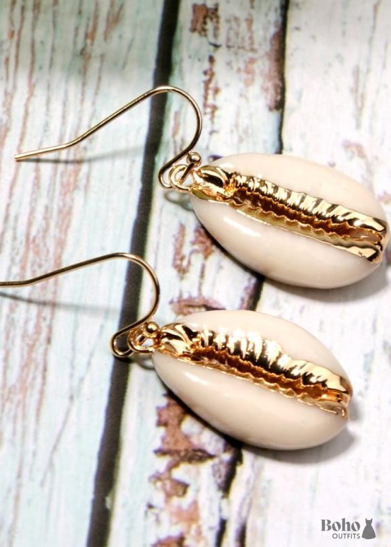 Boho Earrings Dangle Natural Shell with Gold - Jewelry