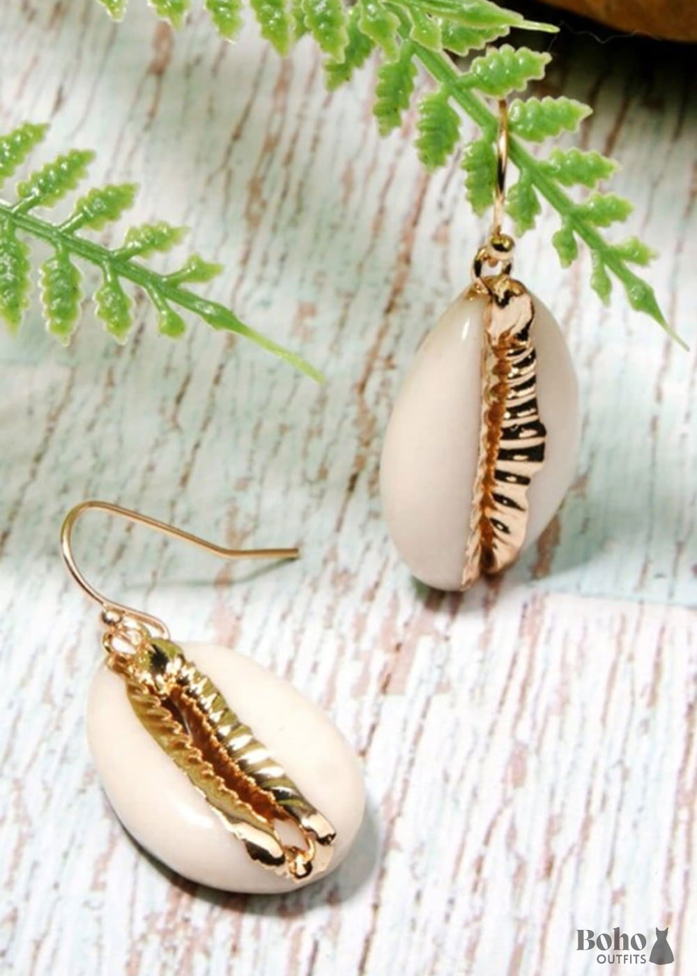 Boho Earrings Dangle Natural Shell with Gold - Jewelry