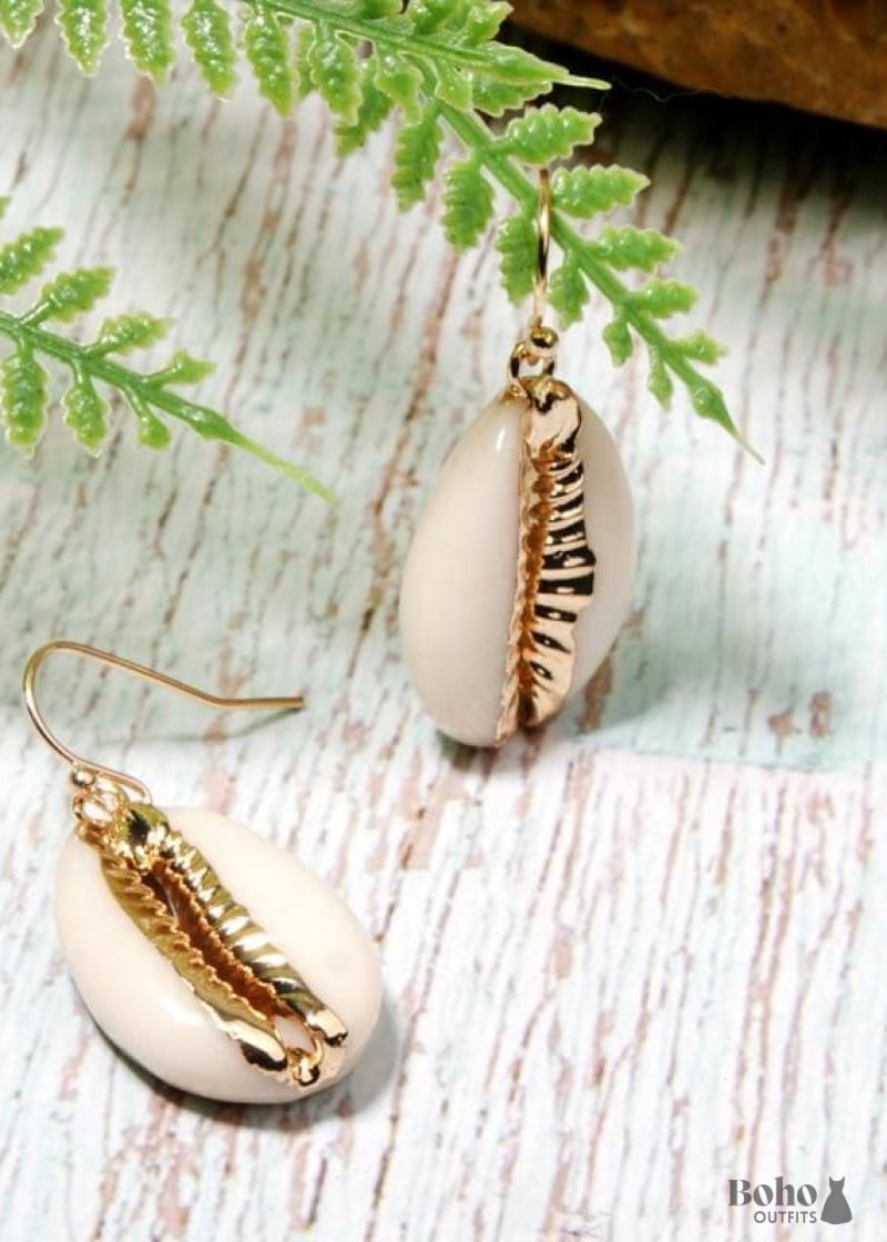 Boho Earrings Dangle Natural Shell with Gold - Jewelry