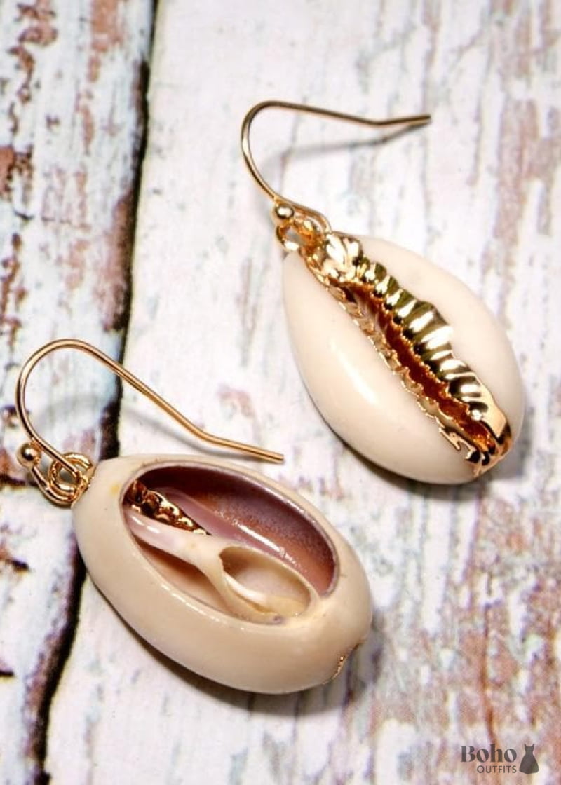 Boho Earrings Dangle Natural Shell with Gold - Jewelry