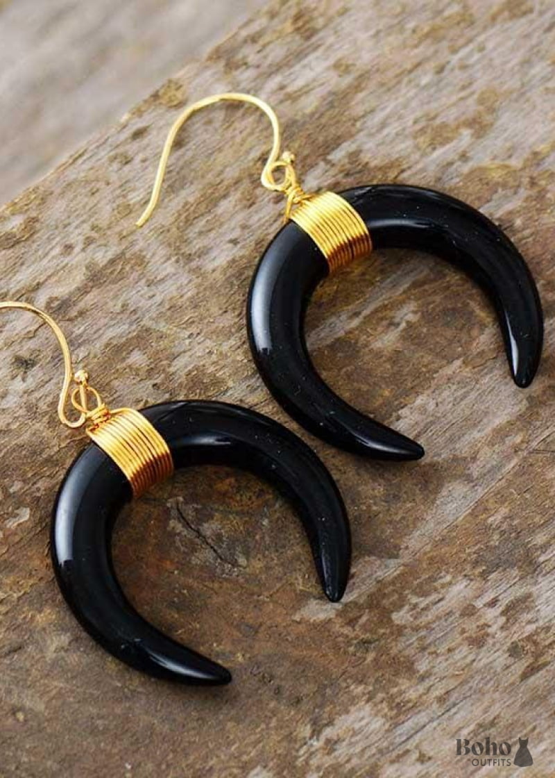 Boho Earrings Dangle Ox Horn Shell White and Black Onyx