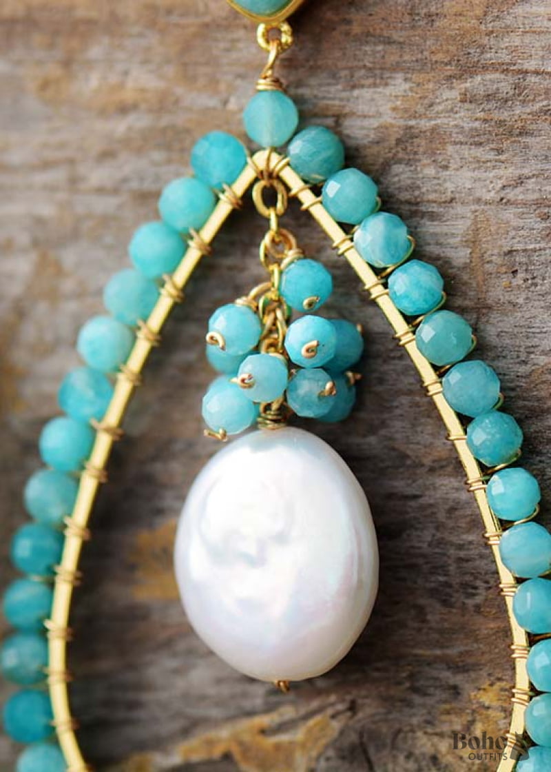 Boho Earrings Dangle Pearl Blue Amazonite Live Different