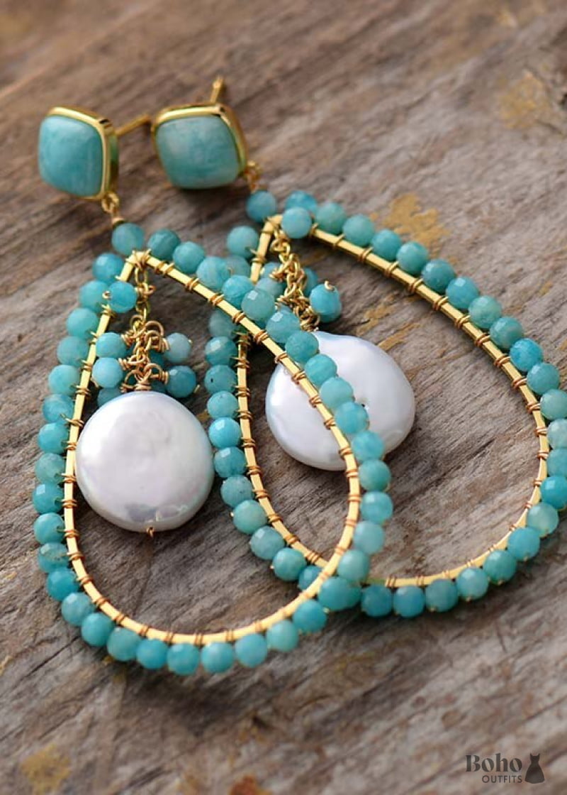 Boho Earrings Dangle Pearl Blue Amazonite Live Different