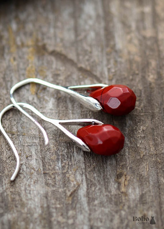 Boho Earrings Dangle Purple Amethyst and Red Jasper -