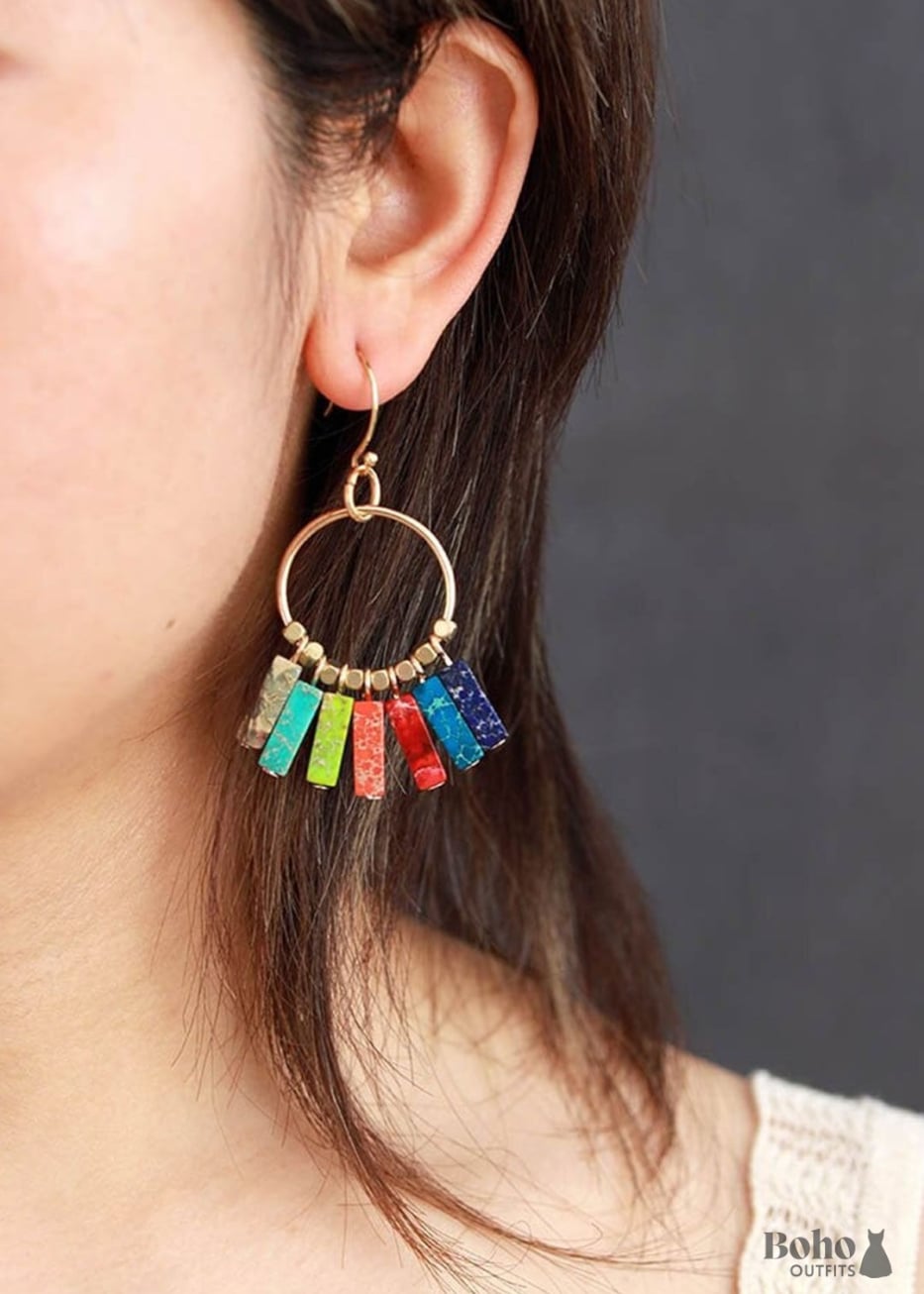 Boho Earrings Dangle Red Blue Green Chakra - Jewelry