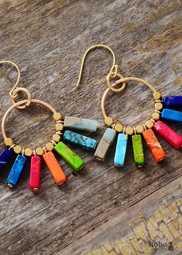 Boho Earrings Dangle Red Blue Green Chakra - Jewelry