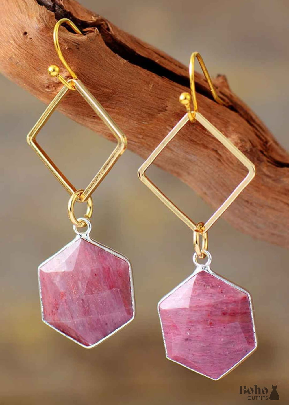 Boho Earrings Dangle Rhodonite Hexagon - Jewelry