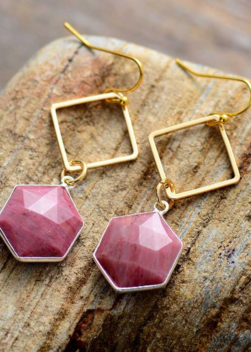 Boho Earrings Dangle Rhodonite Hexagon - Jewelry