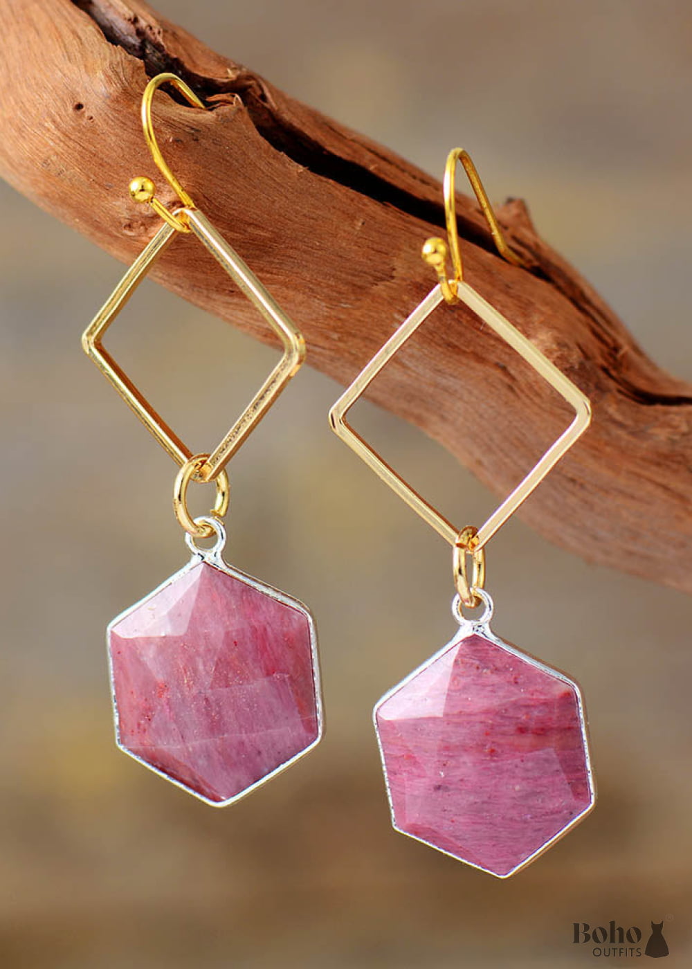 Boho Earrings Dangle Rhodonite Hexagon - Jewelry