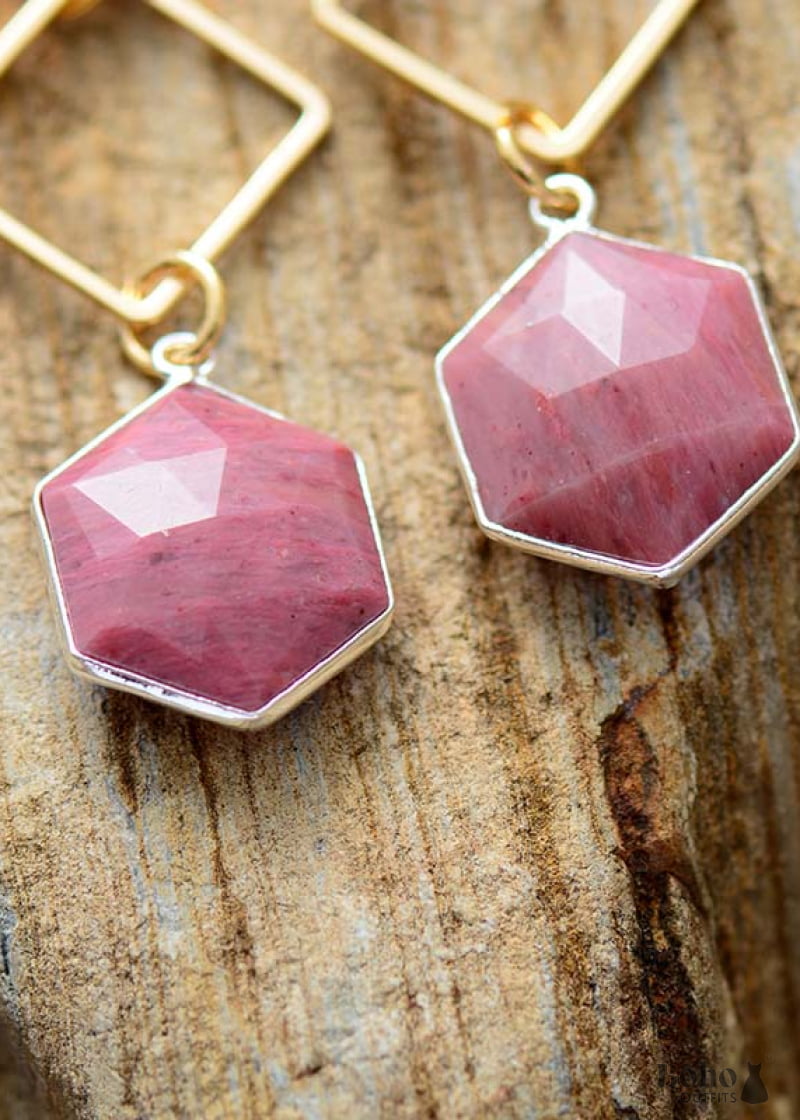 Boho Earrings Dangle Rhodonite Hexagon - Jewelry