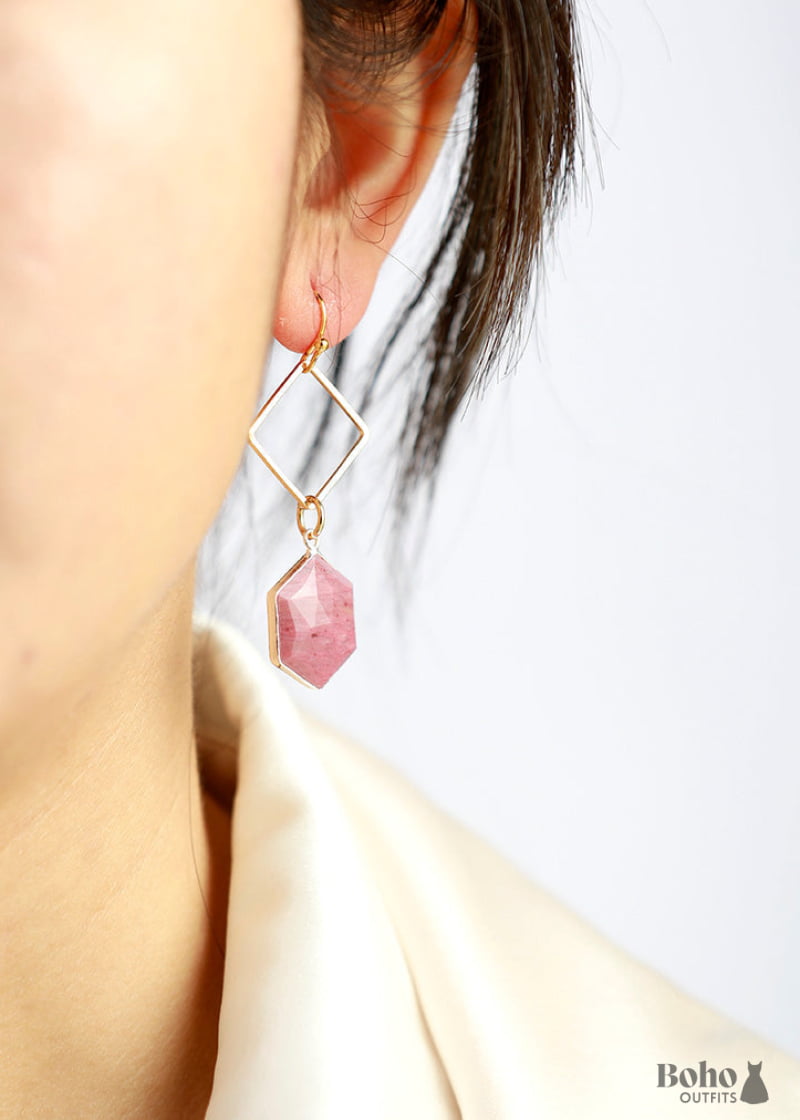 Boho Earrings Dangle Rhodonite Hexagon - Jewelry