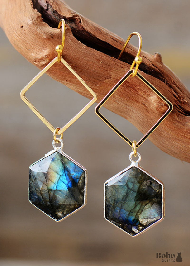 Boho Earrings Dangle Rhodonite Hexagon - Labradorite