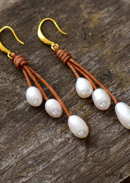 Boho Earrings Dangle Rope White Peal - Jewelry