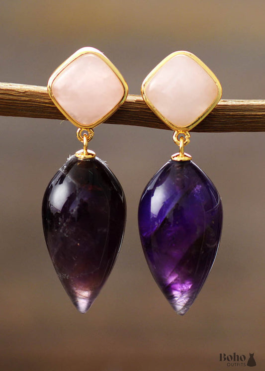 Boho Earrings Dangle Rose Quart Amethysts Teardrop Earring