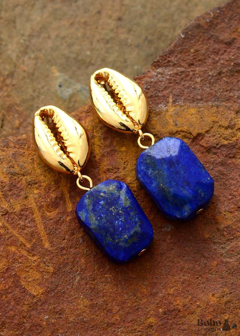 Boho Earrings Dangle Shell Blue Lapise - Jewelry