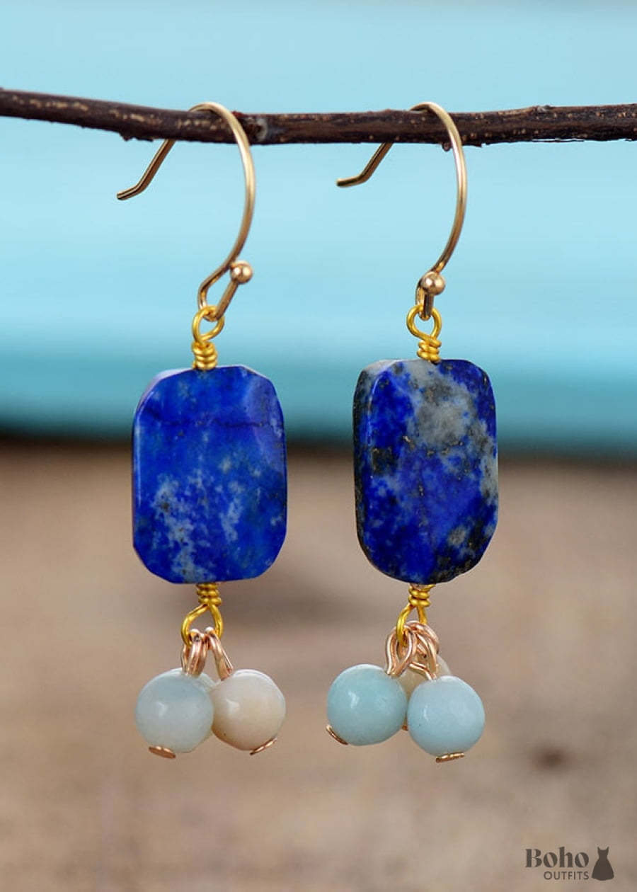 Boho Earrings Dangle Square Blue Lapise - Jewelry