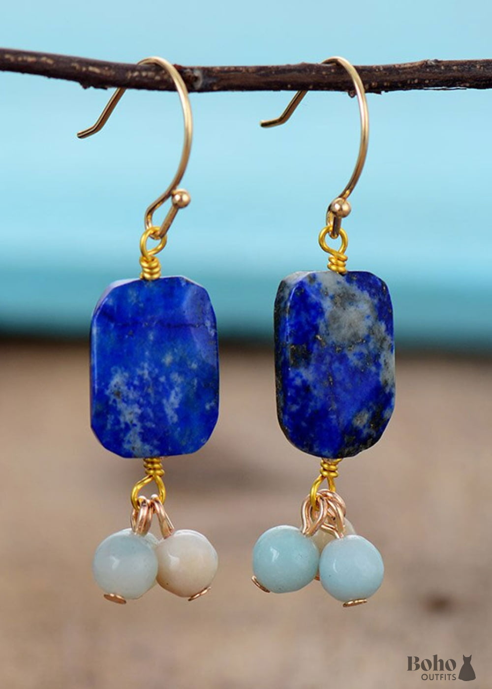 Boho Earrings Dangle Square Blue Lapise - Jewelry