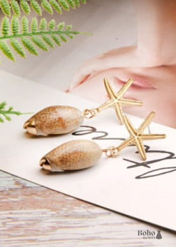 Boho Earrings Dangle Starfish Shell Cowrie White Gold - 10