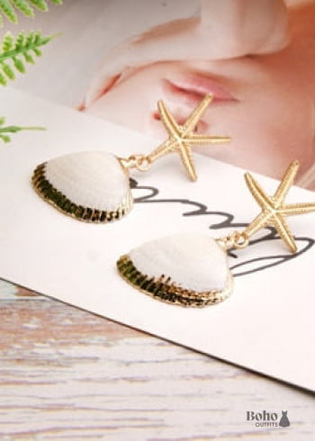 Boho Earrings Dangle Starfish Shell Cowrie White Gold - 12