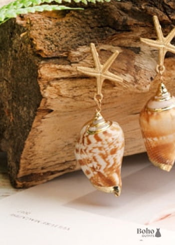 Boho Earrings Dangle Starfish Shell Cowrie White Gold - 2