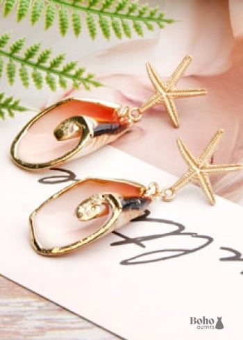 Boho Earrings Dangle Starfish Shell Cowrie White Gold - 3