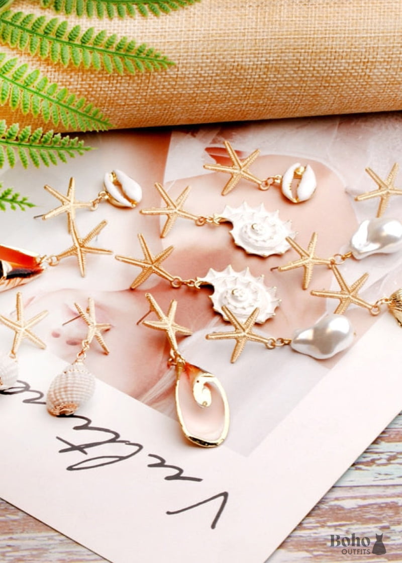 Boho Earrings Dangle Starfish Shell Cowrie White Gold