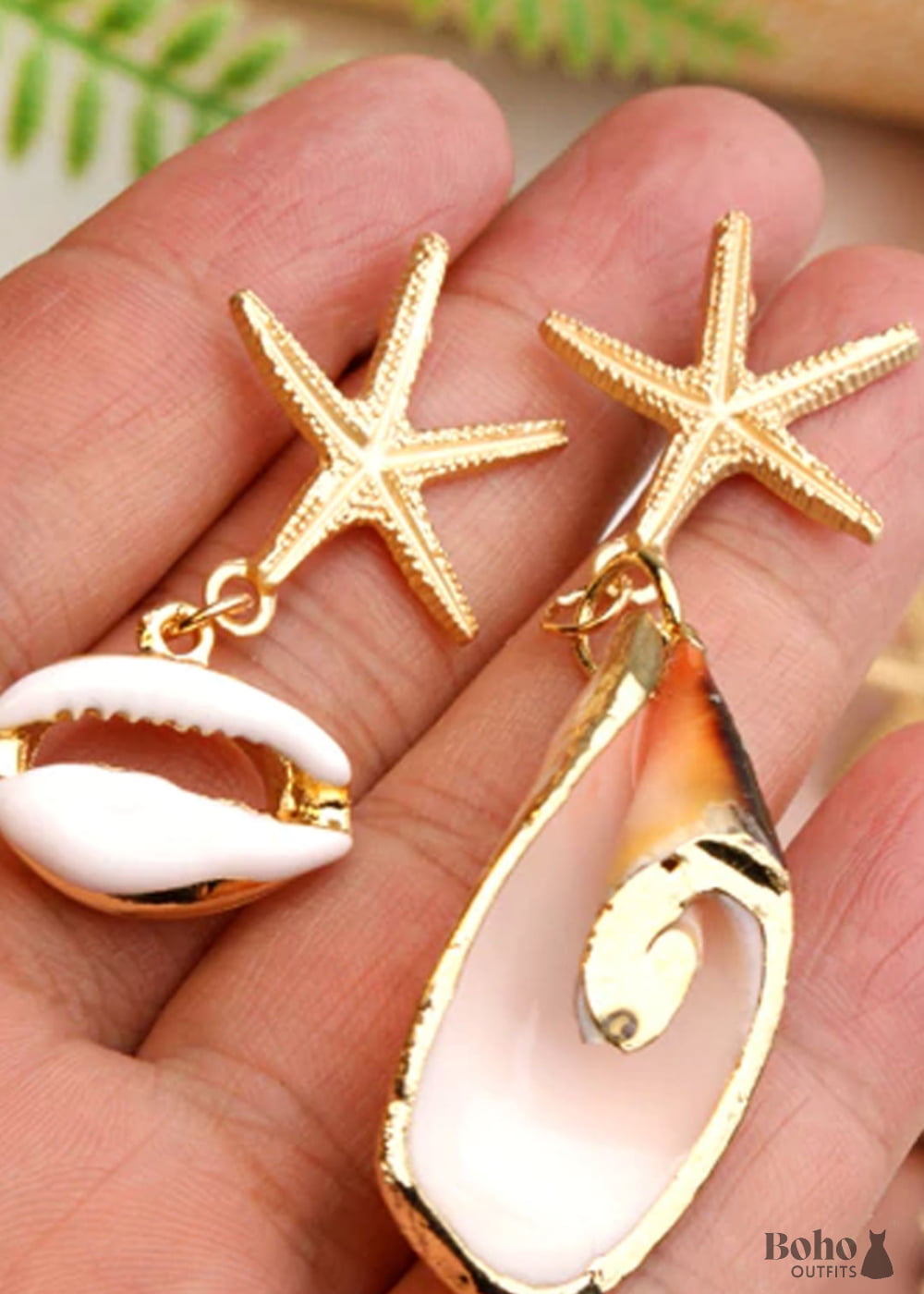 Boho Earrings Dangle Starfish Shell Cowrie White Gold