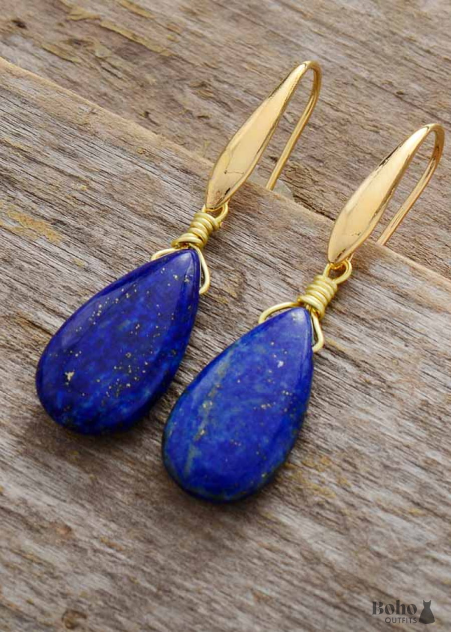 Boho Earrings Dangle Teardrop Blue Lapise - Jewelry