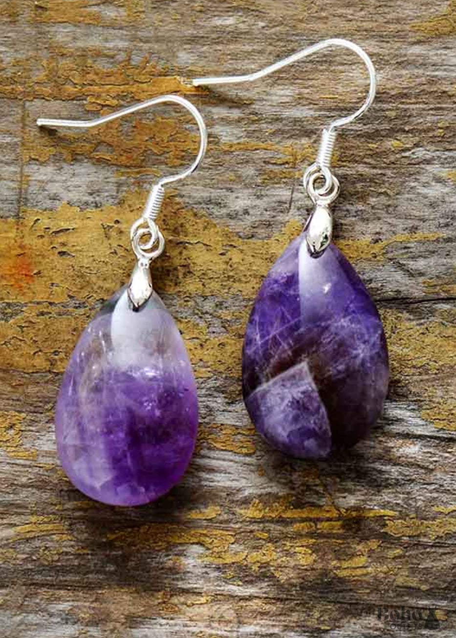 Boho Earrings Dangle Teardrop Purple Amethyst - Jewelry