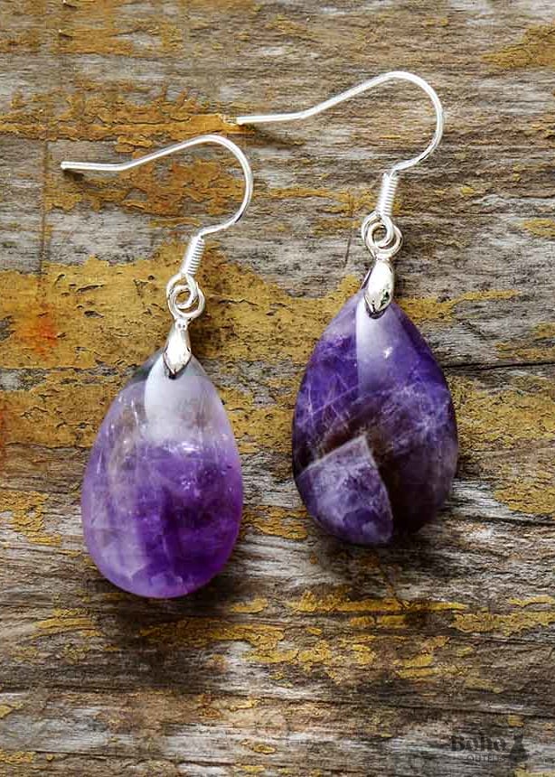 Boho Earrings Dangle Teardrop Purple Amethyst - Jewelry