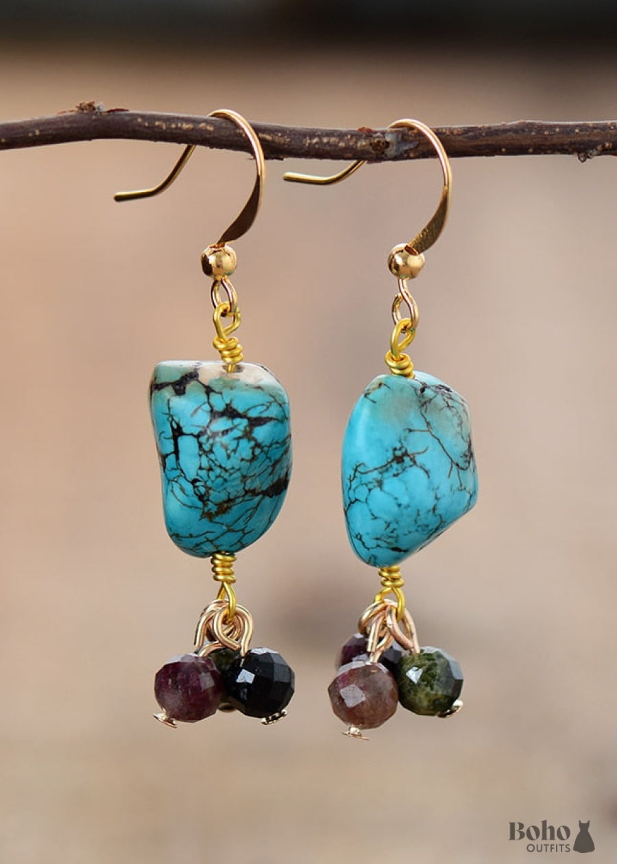 Boho Earrings Dangle Tourmaline and Blue Turquoise - Jewelry