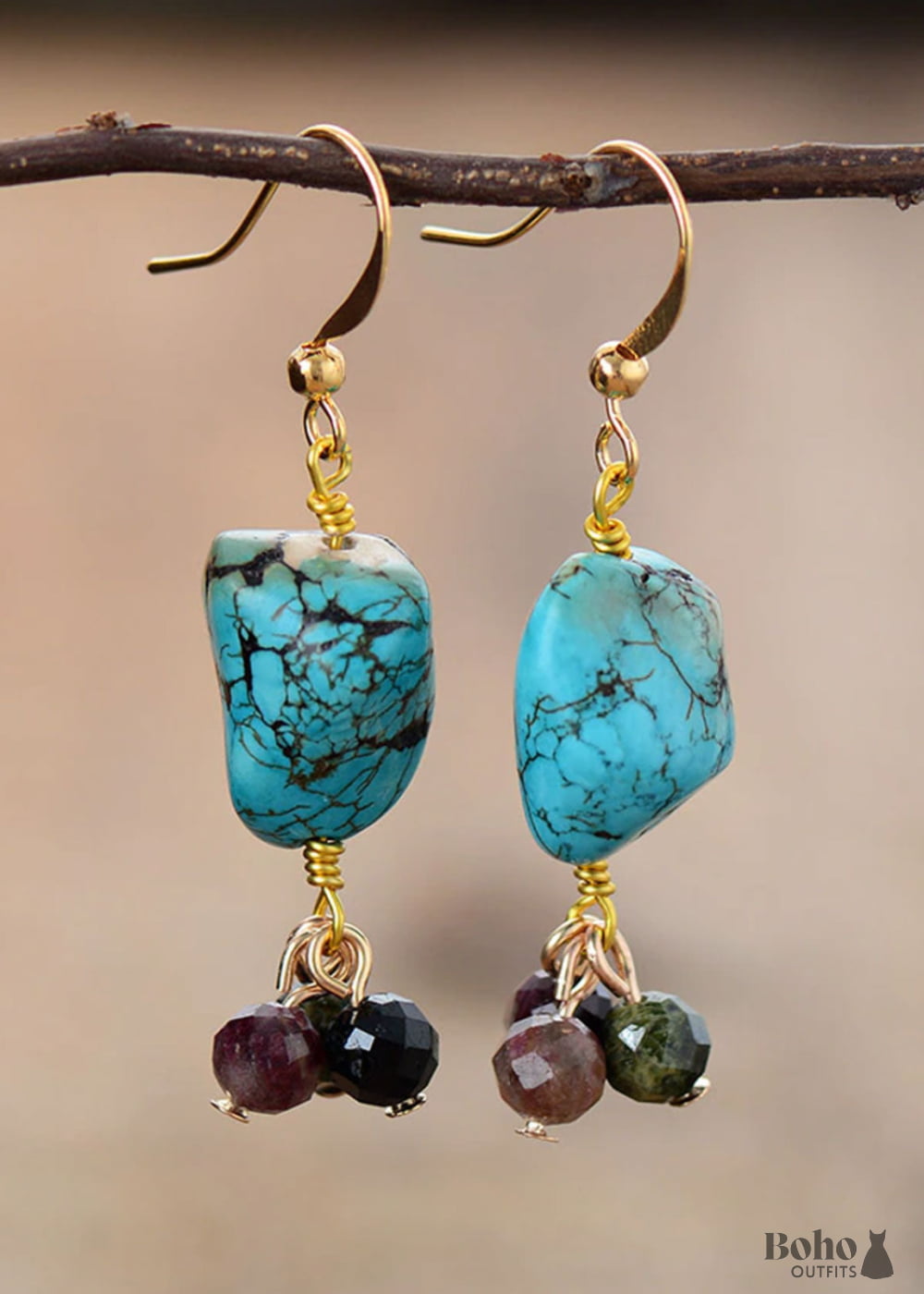 Boho Earrings Dangle Tourmaline and Blue Turquoise - Jewelry