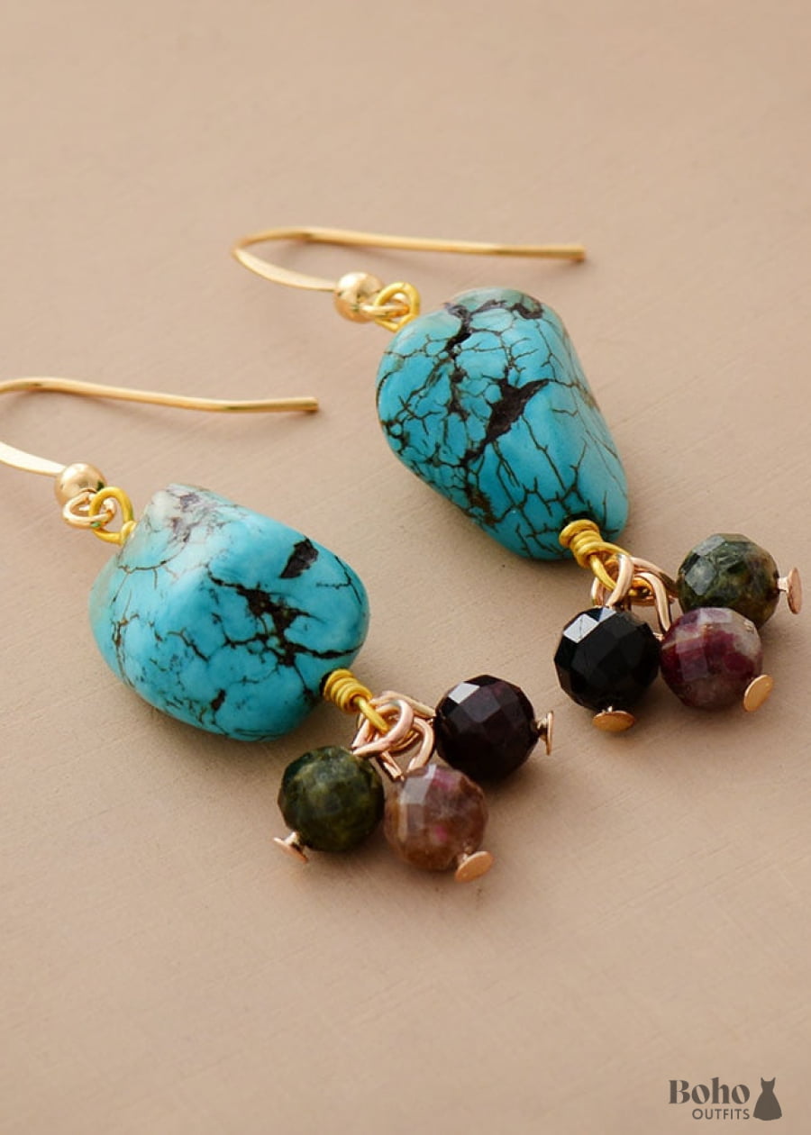 Boho Earrings Dangle Tourmaline and Blue Turquoise - Jewelry