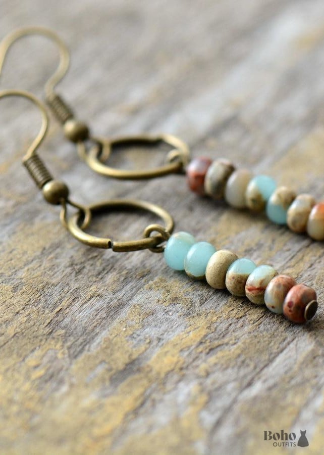 Boho Earrings Dangle Vintage Natural Stone Brown and Pink -