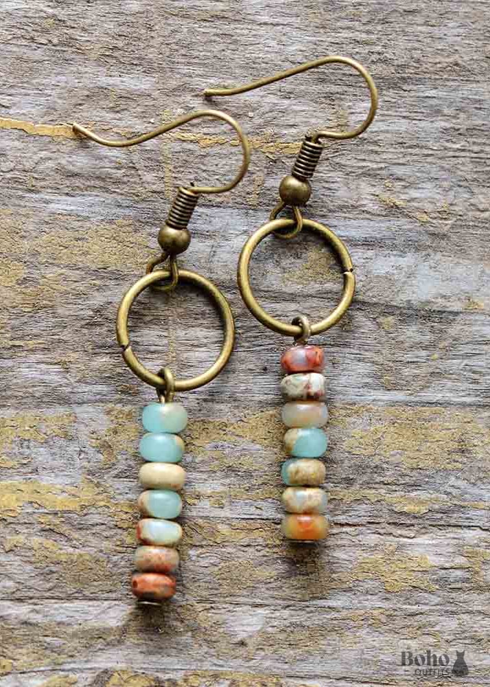 Boho Earrings Dangle Vintage Natural Stone Brown and Pink -