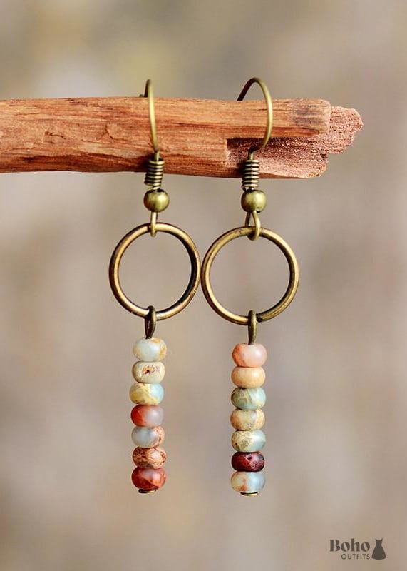 Boho Earrings Dangle Vintage Natural Stone Brown and Pink -