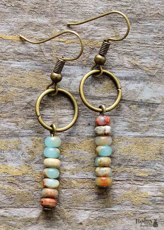 Boho Earrings Dangle Vintage Natural Stone Brown and Pink -